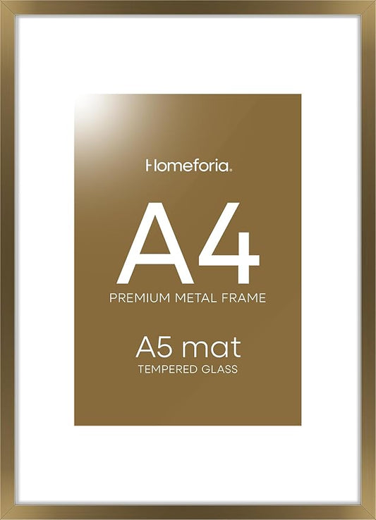 Homeforia A4 Picture Frame Bronze, High End Metal 8.3 x 11.7 inch Brass Poster Frames with Mat 5.8 by 8.3 Print, A4 Frames Matted to A5 Photo, 8.3x11.7 Wall or Tabletop Frame, Tempered Glass, Set of 1