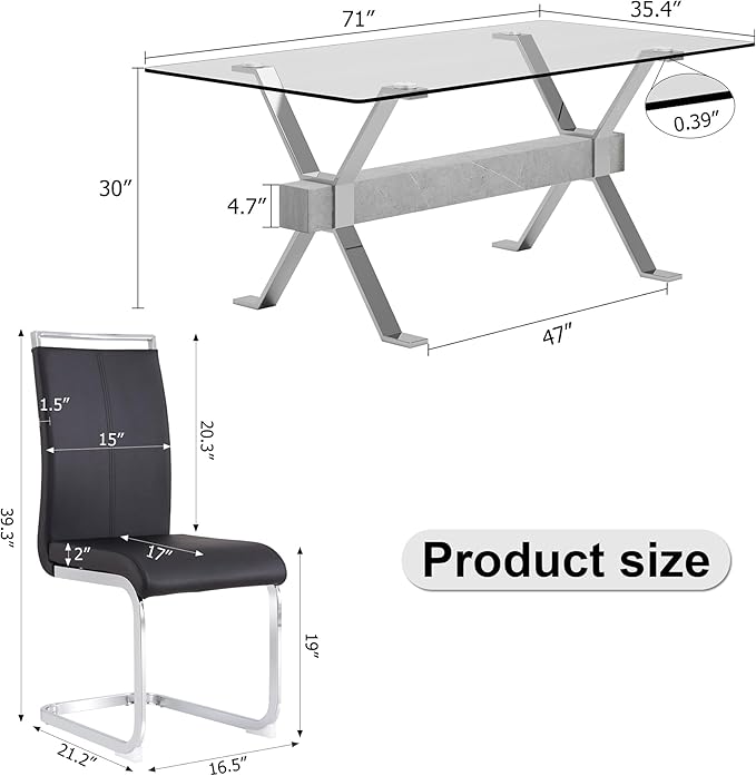 7 Piece Glass Dining Table Set, Kitchen Table Chairs Set for 6, 71'' Dining Table with 0.4" Tempered Glass Tabletop with Plated Metal Legs and MDF Crossbar, 6 PU Chairs for Dining Room, Kitchen.