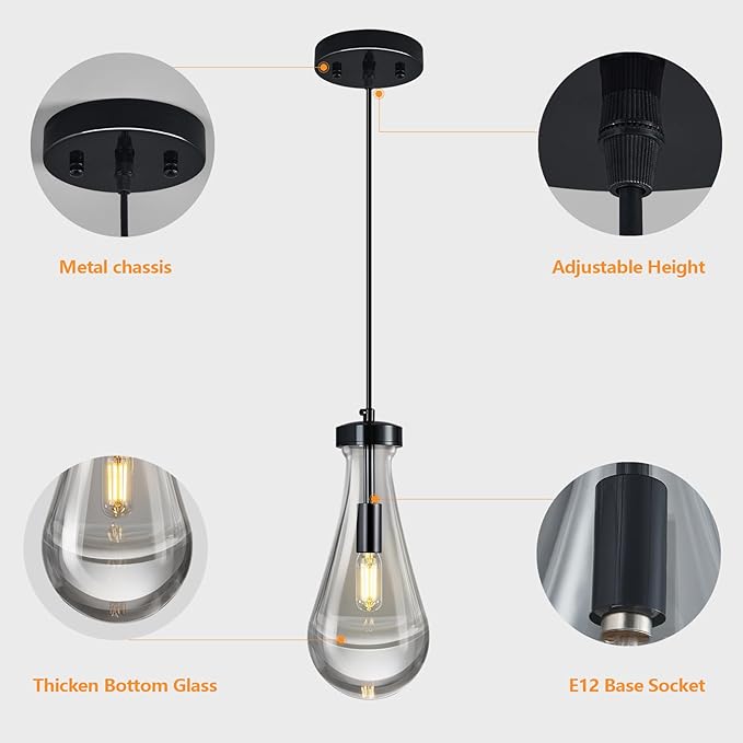 Raindrop Pendant Lights Kitchen Island Teardrop PlatingBlack Hanging Light Fixtures Clear Solid Glass Pendant Light Modern Chandeliers for Dining Room Porch Corridor Living Room(Black 2-Pack)