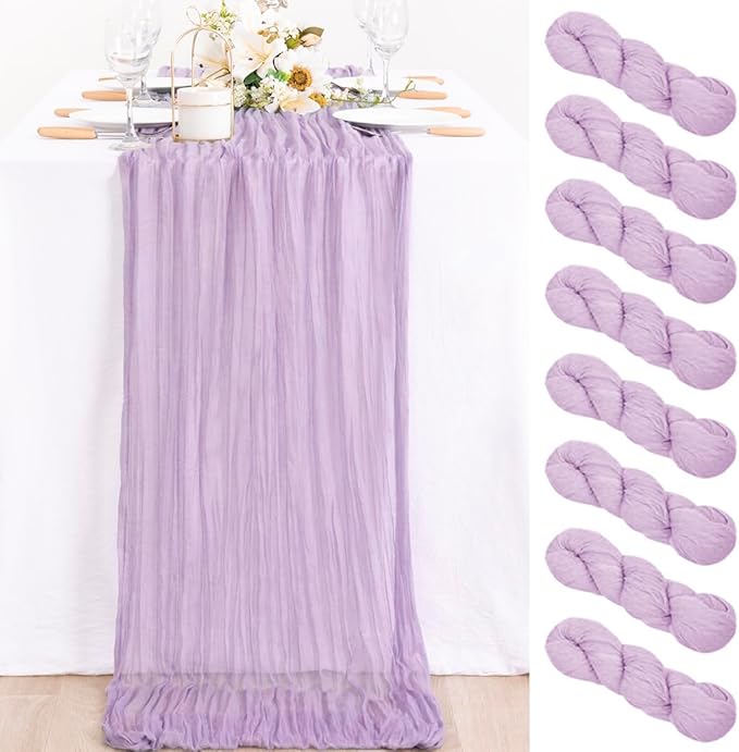 MLMC 8 Pack Lilac Purple Table Runner 10ft Rustic Lavender Cheesecloth Table Runner 35x120 Inches Gauze Cheese Cloth Decor for Fall Bridal Shower Baby Shower Birthday Wedding Decor