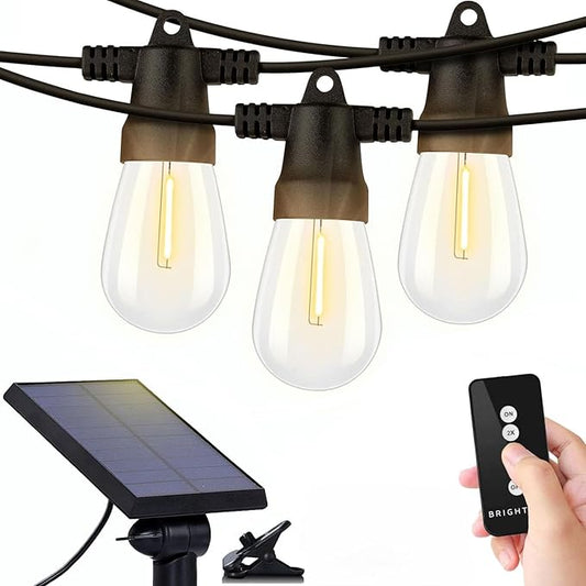 Brightech Ambience Pro Solar Powered Outdoor String Lights, 27ft Remote Control Commercial Grade Waterproof Patio Lights, 12 Edison Bulbs, Shatterproof LED String Lights for Outside - 1W Soft White