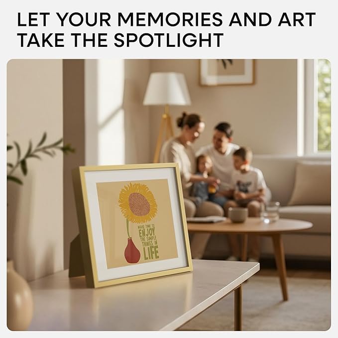 Homeforia 8x8 Picture Frame Gold, High End Metal 8 x 8 Square Photo Frames with Mat 6 by 6, 8x8 Poster Frame Matted to 6x6 inches Print, 8by8 Wall or Tabletop Frame, Tempered Glass, Wall Kit, Set of 3