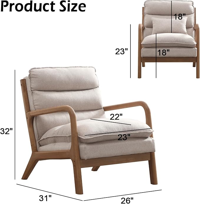 INZOY Mid Century Modern Accent Chair with Wood Frame, Upholstered Reading Armchair with Waist Cushion, Double Padded Accent Chair, Side Chair for Living Room Bedroom Office, Easy Assembly, Beige