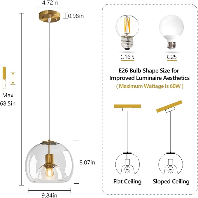 Clear Glass Pendant Lights Kitchen Island Gold Hanging Light Fixture Glass Globe Pendant Light Modern Pendant Lighting for Kitchen Island Bedroom Dining Room (9.84", 1 Pack)