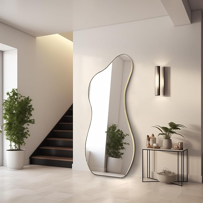 Irregular Mirror Full Length, 63"x30" Large Asymmetrical Mirror, Modern Standing Floor Mirrors for Dressing, Waved Shaped Mirrors for Living Room Bathroom Bedroom Hallway Entryway