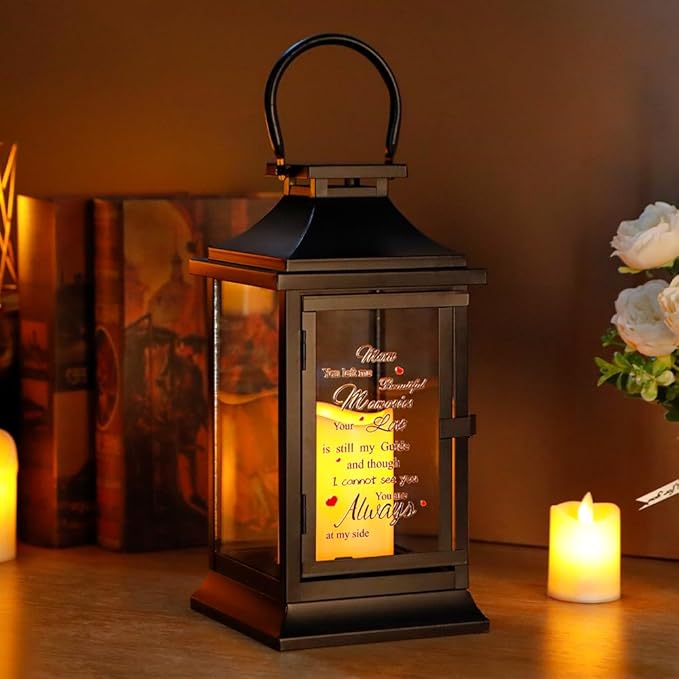 Memorial Lantern Bereavement Gifts in Memory of Loved One Memorial Gifts for Loss of Mother/Father/Loved One Remembrance Sympathy Gifts with Timer LED Candle and Tribute Stickers(with Postcard)