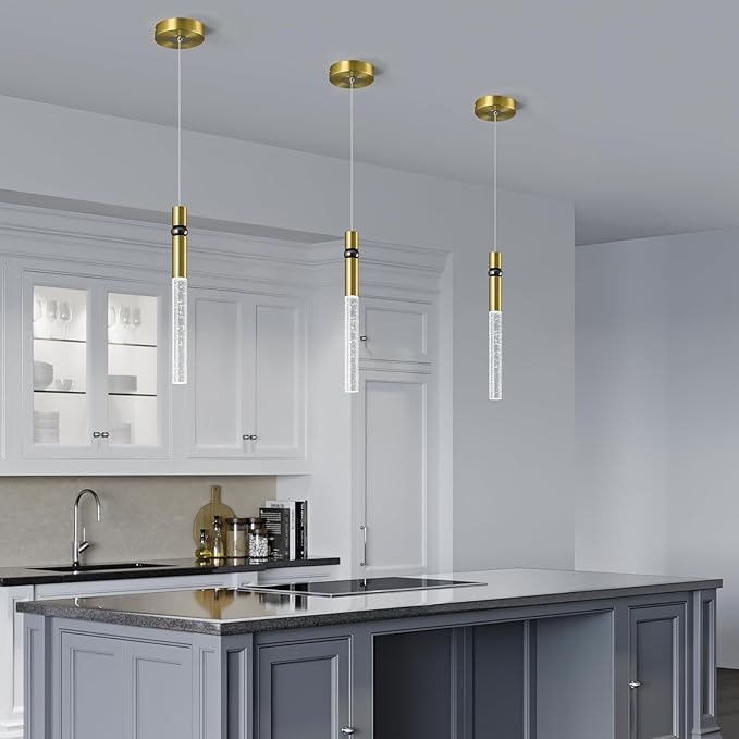 Pendant Lights Kitchen Island Light Fixtures Dimmable LED Modern Pendant Light with Bubble Crystal Pendant Lighting for Kitchen Bedroom Hallway Entryway (Gold 1-Pack)