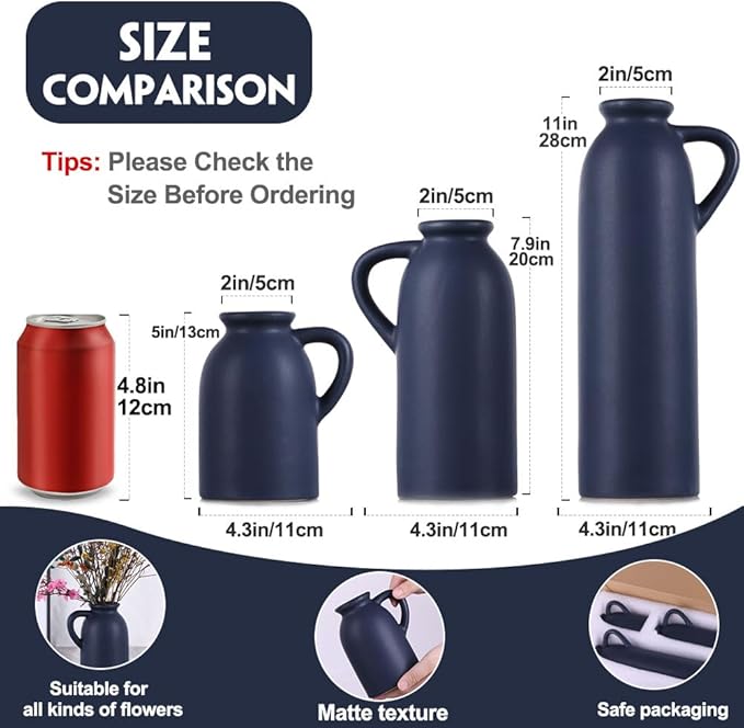 Blue Ceramic Vase with Handles Set - 3 Matte Blue Jug Vases, Farmhouse Country Flower Vase Home Decor, Living Room Decoration, Table Decoration, Fireplace Decor, and Entrance Decorations Centerpieces