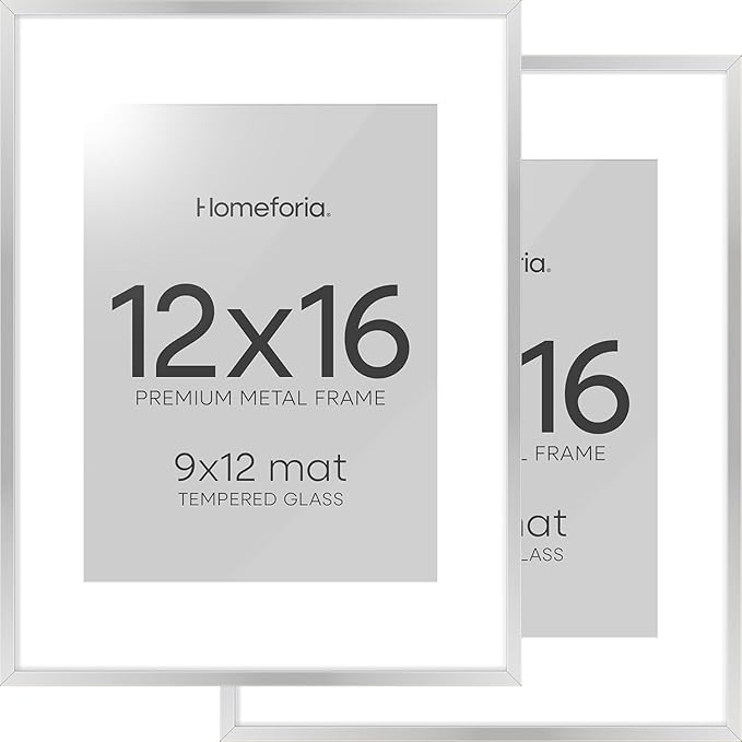 Homeforia 12 x 16 Picture Frame Silver, High End Metal 12x16 Poster Frames with Mat 9x12 Photo, 12 x 16 Silver Frame Matted to 9 x 12 in Print, 16by12 Hanging Frame, Tempered Glass, Wall Kit, Set of 2