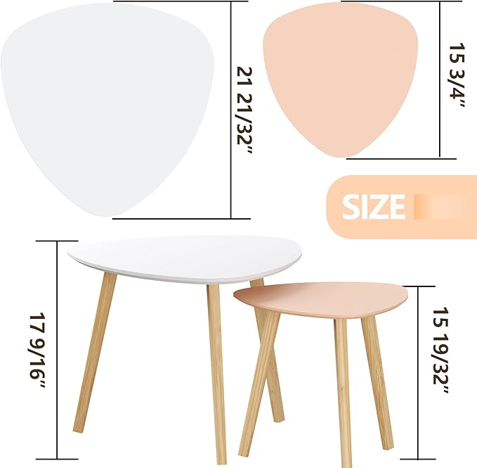BAMEOS Bamboo Nesting Triangle End Table,Set of 2 Coffee Table Modern Minimalist Side Table for Living Room (White & Pink)