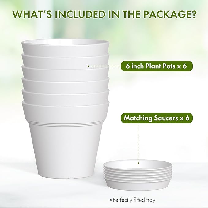 6 Inch Thick Plastic Plant Pots with Drainage Holes and Trays – 6 Pack Nursery Pots for Indoor & Outdoor House Plants, Seedling Starter Planters for Garden Flowers, White
