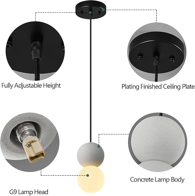 Modern 1-Light Concrete Pendant Light Kitchen Islandceiling Light Fixture White Glass Globe Ball Pendant Lighting for Dining Room Coffee Club Resturant Bar Living Room(3-Pack)