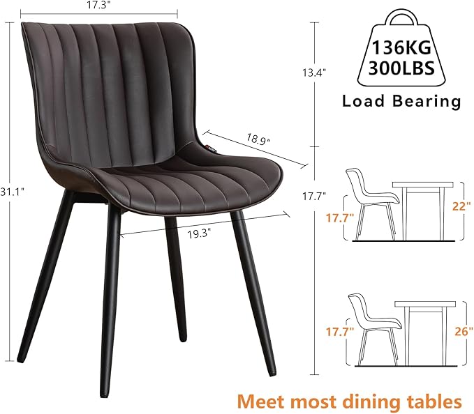 YOUNUOKE Dining Chairs Set of 2 Upholstered Mid Century Modern Kitchen Chair Comfortable Armless Faux Leather Accent Chair with Back for Guest Waiting Reception Living Room, Dark Brown