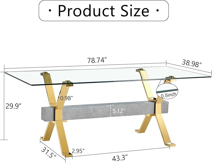 79" Glass Dining Table, Modern Kitchen Table, Modern Dining Table Set for 6, 0.5" Thick Tempered Glass Tabletop with Silver Chrome Metal Legs and Grey Crossbar, Ideal for Dining Room, Kitchen