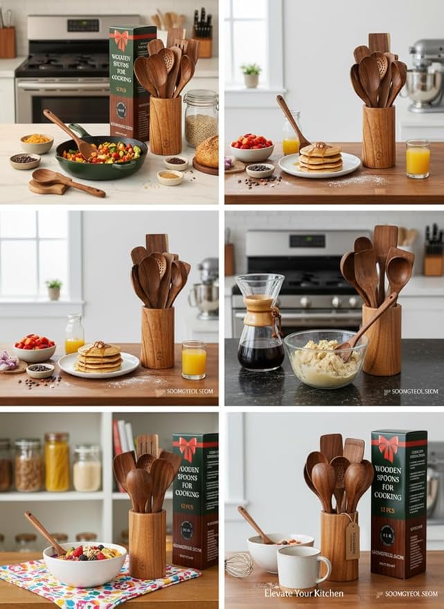 12-Piece Teak Wood Wooden Utensil Set with Spoon Holder & Rest – Non-Stick, Heat Resistant, Durable Cooking Tools – 100% Natural, Food-Safe & Eco-Friendly Kitchen Gadgets