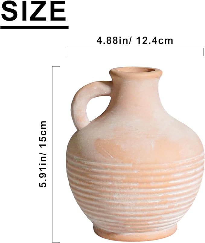 Ceramic Flower Vase with Handle, 6 inch Rustic Terracotta Vase, Vintage Clay Pottery, Farmhouse Decor, House Decorations for Home, Living Room, Bedroom, Entryway, Kitchen Decor