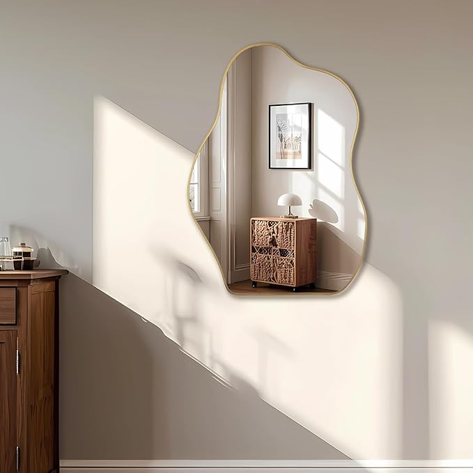 BOMINICA Irregular Wall Mirror Asymmetrical Mirror, Decorative Wall Mirror Golden Wood Framed, Wall Mounted Mirror for Bathroom Living Room Entryway Bedroom Hallway (Gold, 24" x 36")