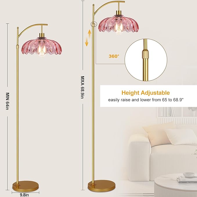 Floor Lamp for Living Room,Bedroom,Gold Dimmable Standing Lamp with Remote,Mid Century Modern Brass Tall Lamp Retro Vintage Pink Glass Lamp Floor Light Boho Bohemian