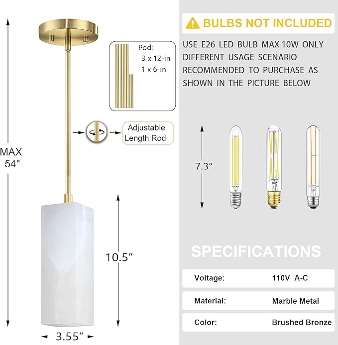 1 Light Modern Industrial Farmhouse Hanging Kitchen Island Pendant Ceiling Light Fixture,Square Cylinder Natural Alabaster Marble Brushed Bronze Finish Over Sink Restaurant bar Corridor