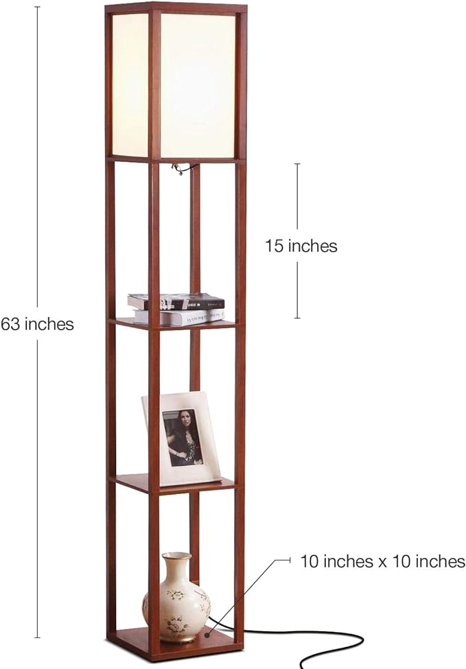 Brightech Maxwell - Modern Shelf Floor Lamp with Lamp Shade and LED Bulb - Corner Display Floor Lamps with Shelves for Living Room, Bedroom and Office - Walnut Brown