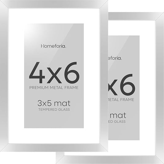 Homeforia 4x6 Picture Frame Silver, High End Metal 4 x 6 Silver Frames with Mat 3 x 5 Print, 4by6 Desk Frame Matted to 3x5 inch Photo, 4 by 6 Wall or Tabletop Frame, Tempered Glass, Wall Kit, Set of 2