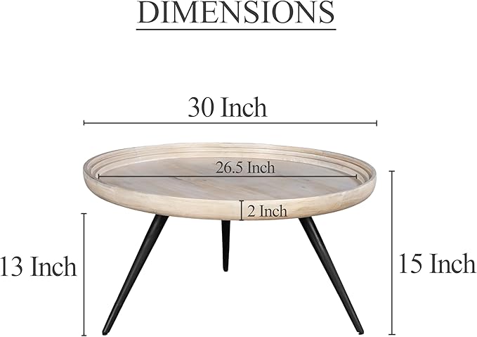 The Urban Port Urban Chic Coffee Table 30 Inch Round Tray Top, Handcrafted Mango Wood, Washed White and Black