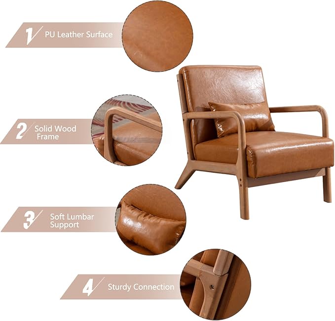 INZOY Mid-Century Modern Accent Chair Set of 2, PU Leather Reading Armchair with Waist Cushion, Upholstered Living Room Chairs for Bedroom Sunroom, Camel Set