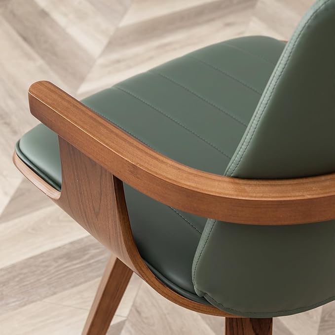 MCM Dining Chairs, Set of 2 Faux Leather Dining Chairs with Walnut Craftsmanship, Upholstered Faux Leather, Wooden Arms and Legs, Green Leather Dining Chair for Kitchen/Living Room (Green, Swivel)