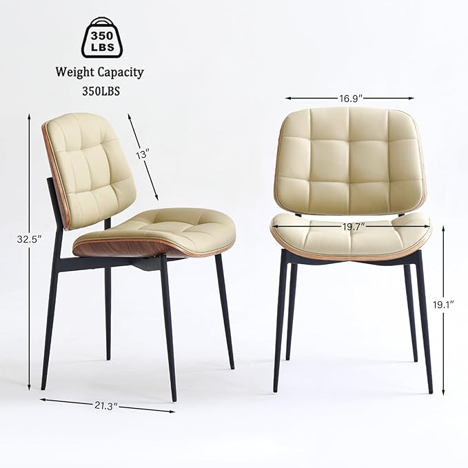 Mid Century Modern Dining Chairs with Walnut Grain Back, Beige Faux Leather Dining Room Chairs Set of 4, Checkered Soft Cushion Kitchen Chairs with Adjustable Foot Pads