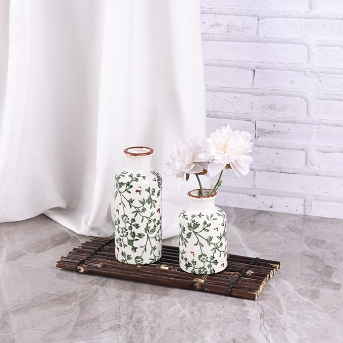 Green Chinoiserie Ceramic Vase Set of 3 – Vintage Green Floral Vases, Decorative Porcelain Vase Set for Flowers, Rustic Farmhouse & Cottage Core Home Decor, Living Room, Shelf & Table Centerpieces