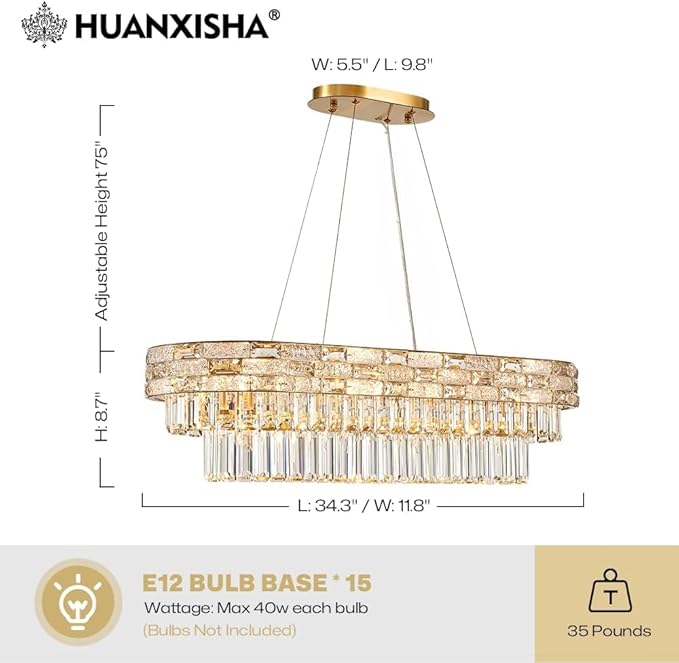 34.3" L Modern Crystal Chandeliers for Dining Room 12 Lights Gold Chandelier Large Luxury Chandelier Pendant Light Fixture, Kitchen Island,Entryway,Living Room 34.3" L x 8.7" H