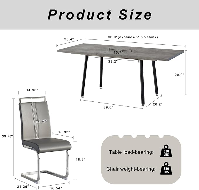 7 Piece Dining Table Set for 6-8,55-71" Extendable Dining Table Set with 6 Upholstered Chairs,Rectangle Kitchen Table Set for Small Space,Dining Room and Office,Grey