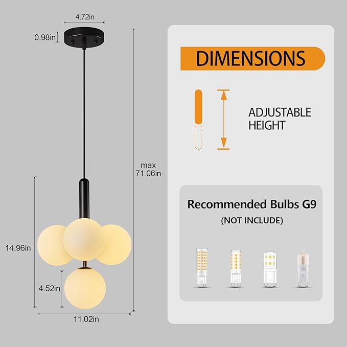 4 Light Globe Chandelier Mid Century Pendant Light with Milky White Glass Shade Modern Black Sputnik Chandeliers for Dining Room Living Room Bedroom Kitchen Island