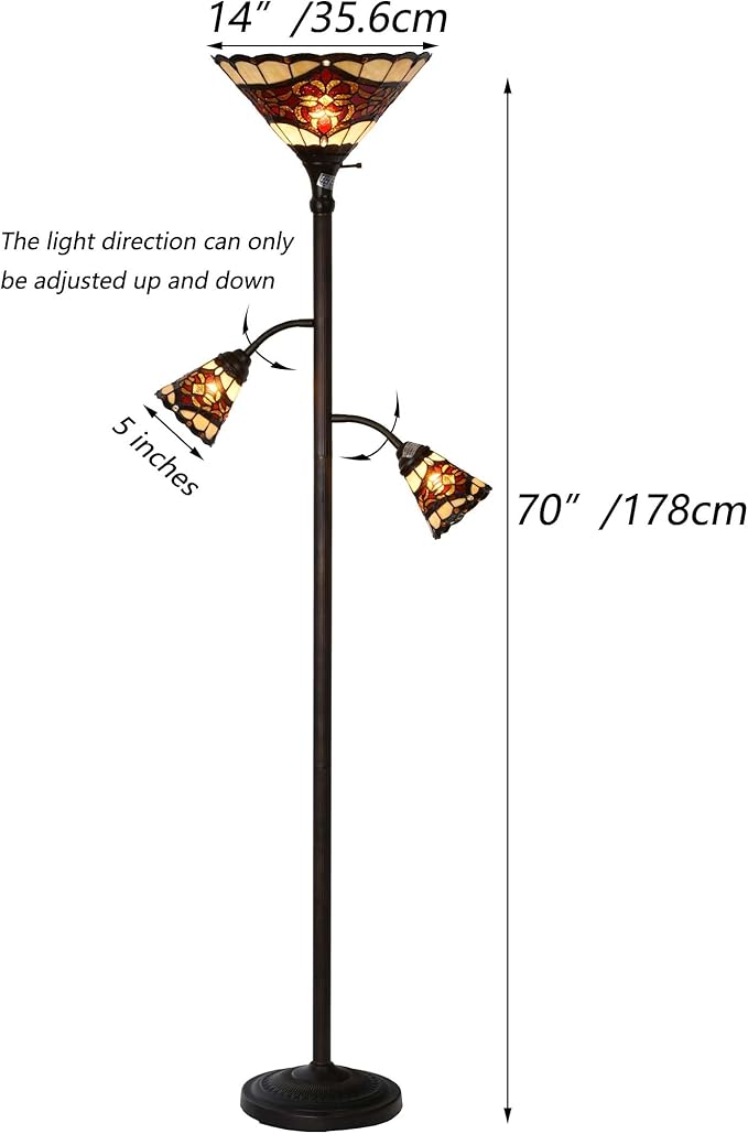 Bieye L10868 Tiffany Style Stained Glass 3-Light Torchiere Floor Lamp with Sidelights for Reading, 70-inches Tall (Baroque, Red)