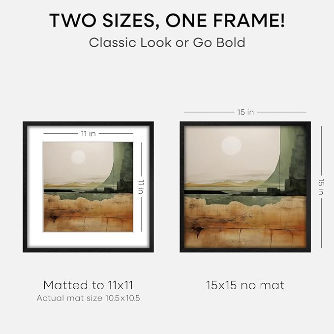 Homeforia 15x15 Black Wood Frame, High End Oak 15 x 15 Square Picture Frames with Mat 11 by 11 inches Photo, 15by15 Black Wooden Poster Frames Matted to 11x11 Print, Tempered Glass, Wall Kit, Set of 1