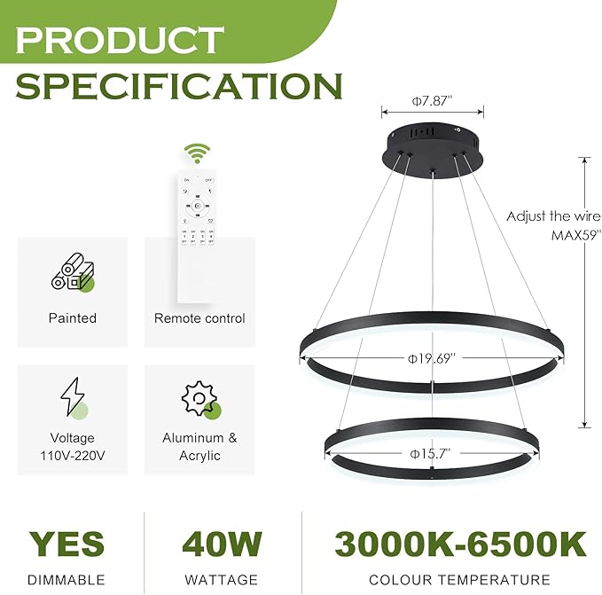 2-Rings Modern LED Chandelier Black for Dining Room, Circular Flush Mount Ceiling Chandelier Light Dimmable Pendant Light with Remote Control for Living Room Entrance Foyer, 3000K-6500K