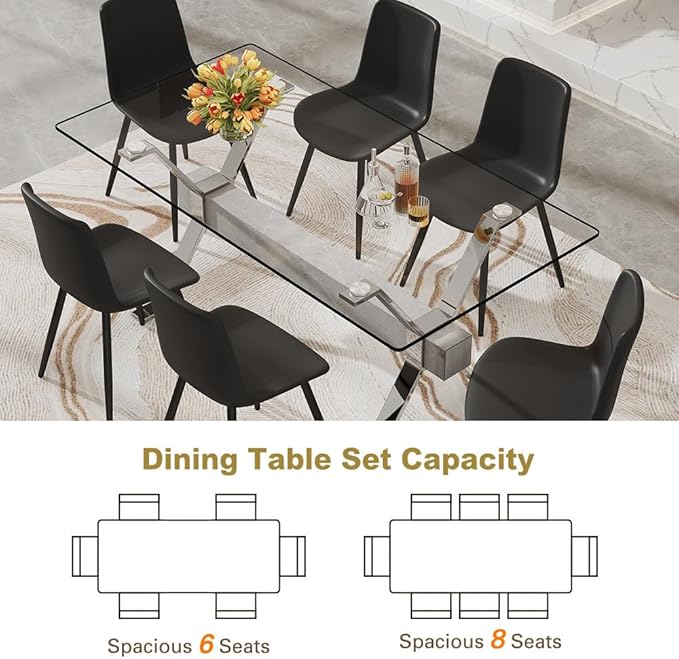 71'' Glass Dining Table Set for 6,7 Piece Dining Table Set with Tempered Glass Tabletop and Open‑Frame X‑Shaped Metal Base,Kitchen Table and Chairs Ideal for Dining Room&Home Office