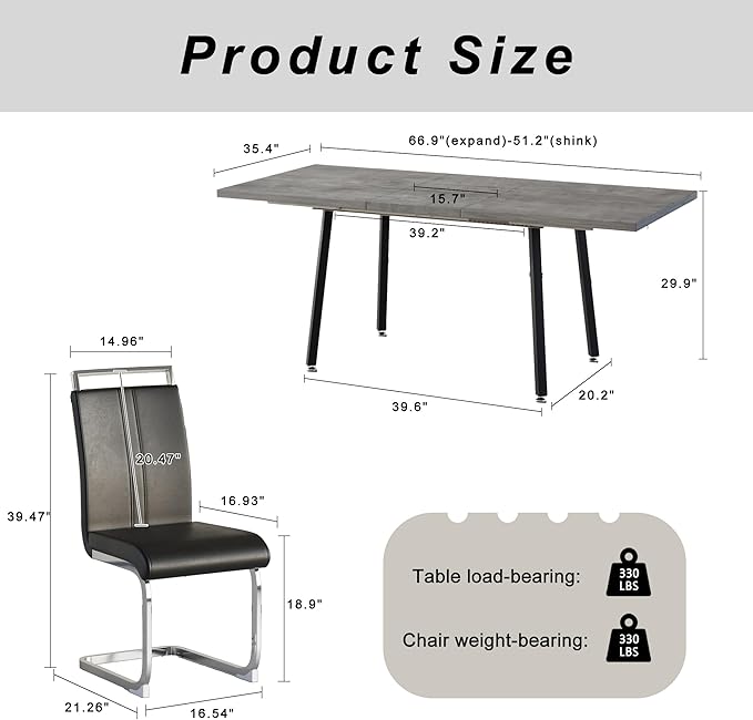 5 Piece Dining Table Set for 4-6,55-71" Extendable Dining Table Set with 4 Upholstered Chairs,Rectangle Kitchen Table Set for Small Space,Dining Room and Office,Grey