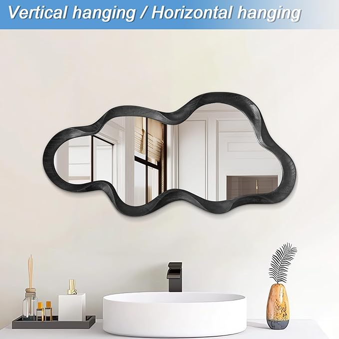 Black Asymmetrical Mirror for Wall Irregular Wood Frame Mirrors Modern Artistic Wavy Wall Mirror Decorative Vanity Bathroom Living Room Bedroom Entryway Hallway Cute and Stylish Cloud Mirror Large