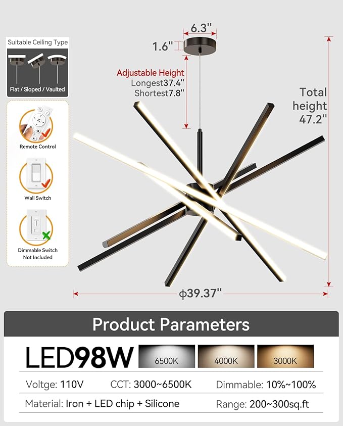 Modern Sputnik Chandelier Ceiling LED Black Pendant Light Embedded Mount Chandeliers Dining Room Light Fixtures Over Table Dimmable with Remote Control for Living Room Kitchen Bedroom (6-Light Black)