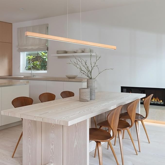 71" Wooden Linear Pendant Light LED Pendant Lights Dimmable Pool Table Island Lights Modern Linear Chandeliers for Dining Room Kitchen Ceiling Pendant Lamp for Kitchen Island Billiard Room Natural