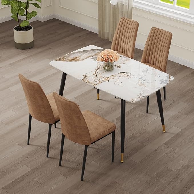 5 Pieces Modern Sintered Stone Dining Table Set 50" Rectangular Faux Marble Tabletop Kitchen Table with 4 PU Leather Chair Dinner Table Set(1Faux Marble Table+4Brown Chairs)