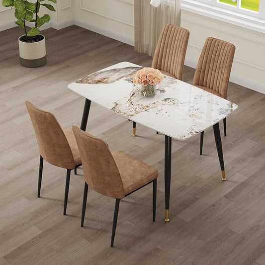 5 Pieces Modern Sintered Stone Dining Table Set 50" Rectangular Faux Marble Tabletop Kitchen Table with 4 PU Leather Chair Dinner Table Set(1Faux Marble Table+4Brown Chairs)