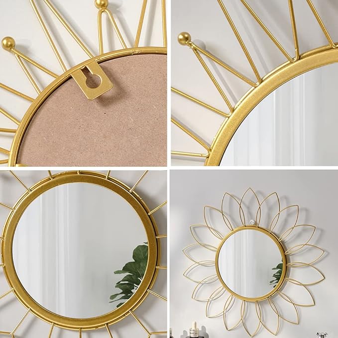 Gold Sunburst Mirror for Wall - Metal Room & Home Decor, Boho Wall Mirror Gifts for Women & Moms (Medium, Sun Flower)