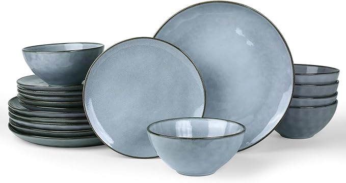 Famiware Ocean Round Plates and Bowls Set, 18 Pieces Dinnerware Sets, Dishes Set for 6, Reactive Glaze, Microwave and Dishwasher Safe, Scratch Resistant, Blue