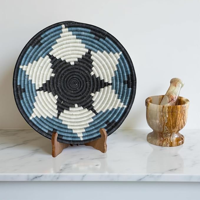 Handwoven African Basket Handmade sisal Fruit Bowl Wall Hanging decorative Baskets for Home Living Room Kitchen Centerpiece Zen Designs Arts and Crafts (Charcoal Blue White, 10in diameter)
