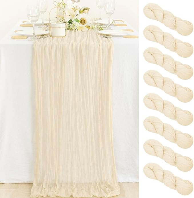 MLMC 8 Pack Beige Cheesecloth Table Runner 10ft Cream Rustic Gauze Cheese Cloth Fall Table Runner 35x120 Inches for Wedding Baby Bridal Shower Boho Home Decor