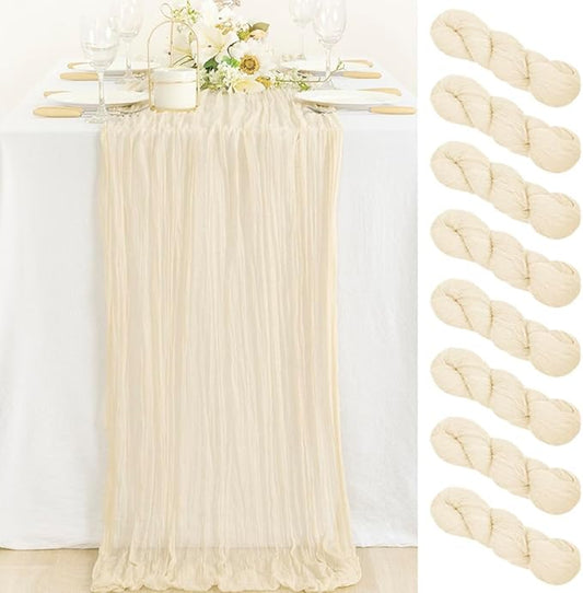 MLMC 8 Pack Beige Cheesecloth Table Runner 10ft Cream Rustic Gauze Cheese Cloth Fall Table Runner 35x120 Inches for Wedding Baby Bridal Shower Boho Home Decor