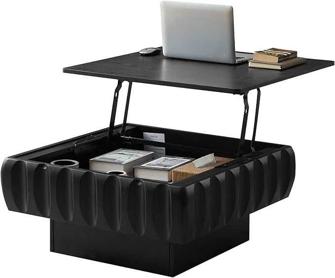 31" Lift Top Coffee Table for Living Room, Fluted Coffee Table with Hidden Storage Compartment, Mid Century Modern Solid Wood Veneer Square Center Table for Office Apartment Small Space, Black