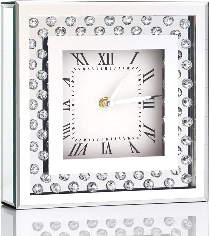 Silent Desk Clocks 8x8x2 Inch Crystal Sparkle Twinkle Bling Square Mirrored Table Top Decorative Clock With Diamond for Home Decoration Silver Mirror Home Decor. AA Battery is not included.